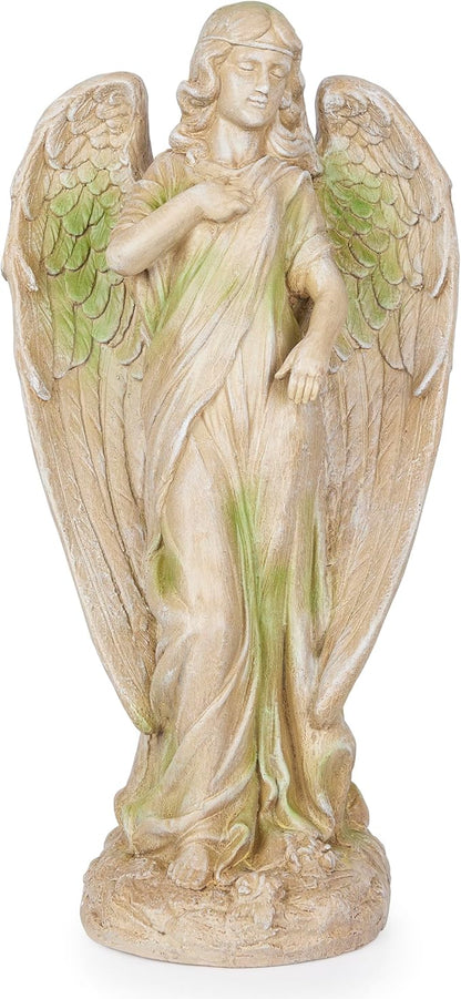 Alpine Corporation QFC105-201 Old World Angel Statue with Mossy Finish, Sentimental Garden Décor, 31" H, Tan/Moss Green