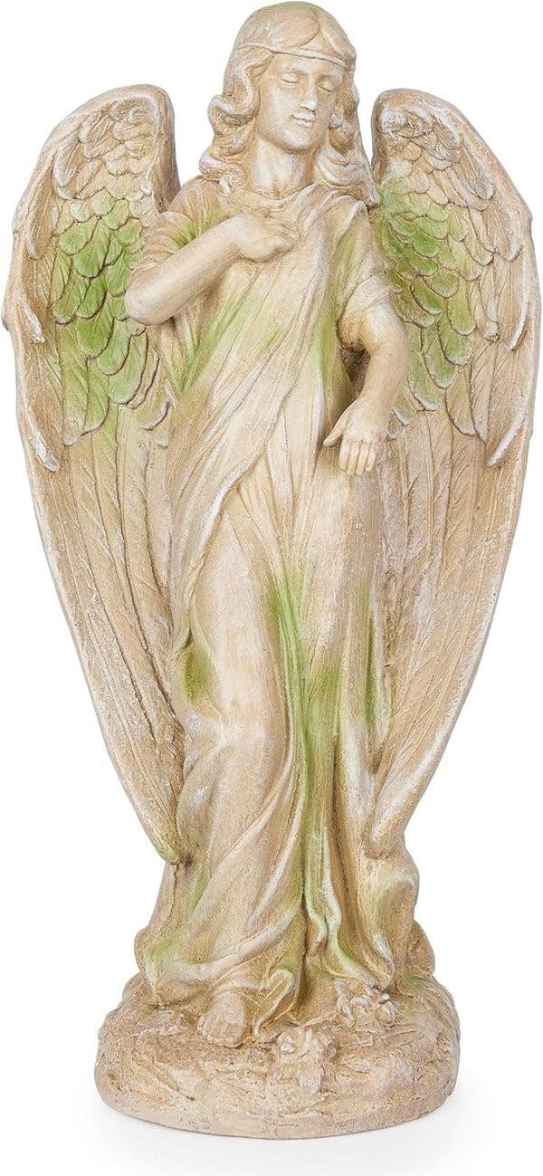 Alpine Corporation QFC105-201 Old World Angel Statue with Mossy Finish, Sentimental Garden Décor, 31" H, Tan/Moss Green