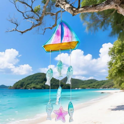 H&D HYALINE & DORA 23.5 Inch Glass Wind Chimes Colorful Sailboat Decor Hanging for Outside Glass Fish Wind Chime Outdoor Decor for Harmonic Porch, Patio & Garden