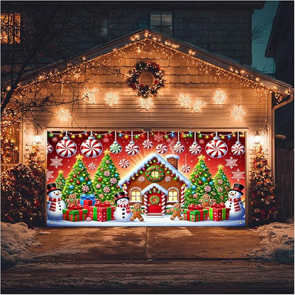 HOMETITUTE Christmas Garage Door Banner 13x6ft Gingerbread House Snowman Candy Cane Holiday Backdrop Winter Scene Porch Entryway Wall Hanging Indoor Outdoor Seasonal Decorations
