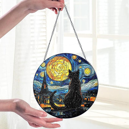 Black Cat Stained Glass Suncatcher Window Hanging Decor for Garden, Suncatcher Panel Ornament Decorations, Memorial Gifts for Cat Lovers, Women Pet Loss Sympathy Gift for Window Living Room Garden