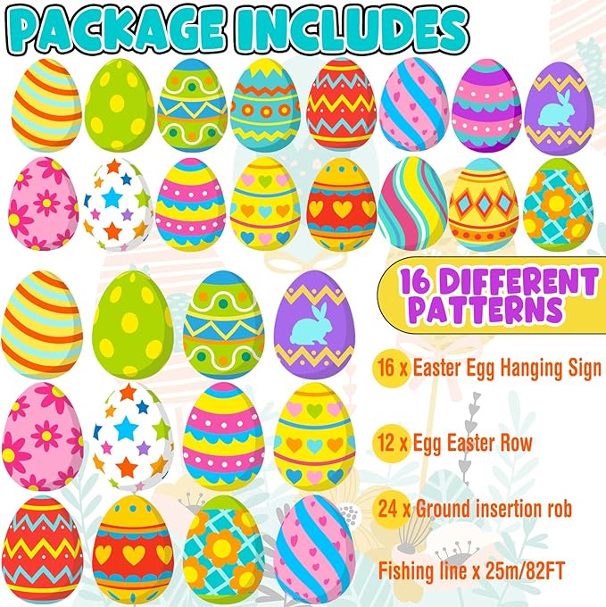 Yuntau 28 Pcs Easter Decorations Outdoor Easter Eggs Yard Signs Hanging Ornaments for Tree Outdoor Lawn Decoration Colorful Egg Lawns Sign for Garden Lawn Porch Home