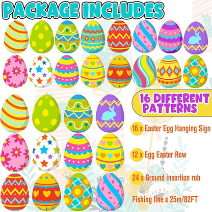 Yuntau 28 Pcs Easter Decorations Outdoor Easter Eggs Yard Signs Hanging Ornaments for Tree Outdoor Lawn Decoration Colorful Egg Lawns Sign for Garden Lawn Porch Home