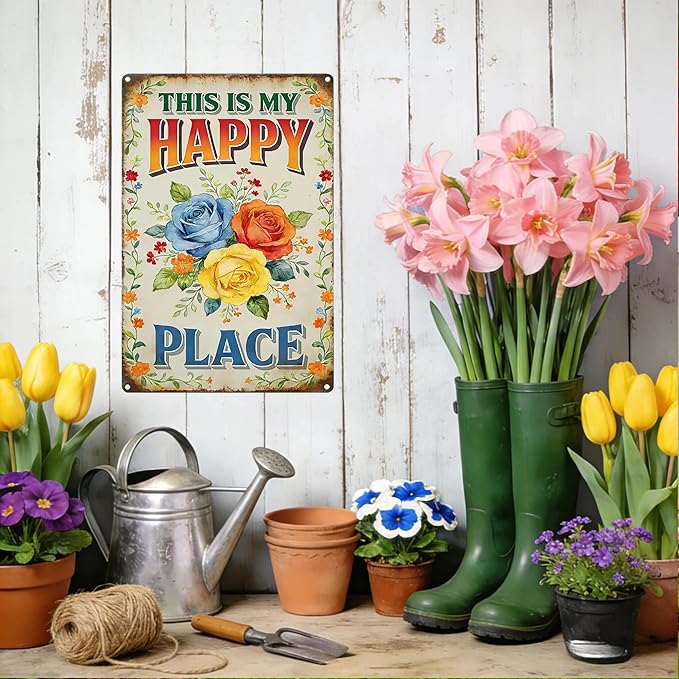 Garden Signs for Outside This Is My Happy Place Sign, Funny Metal Signs for Home Garden Patio Yard, Retro Gardening Gifts for Women, Wall Decor 12" x 8"