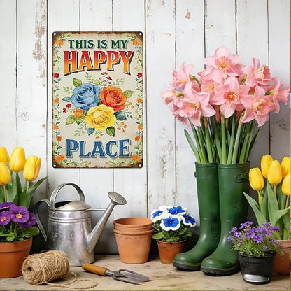 Garden Signs for Outside This Is My Happy Place Sign, Funny Metal Signs for Home Garden Patio Yard, Retro Gardening Gifts for Women, Wall Decor 12" x 8"