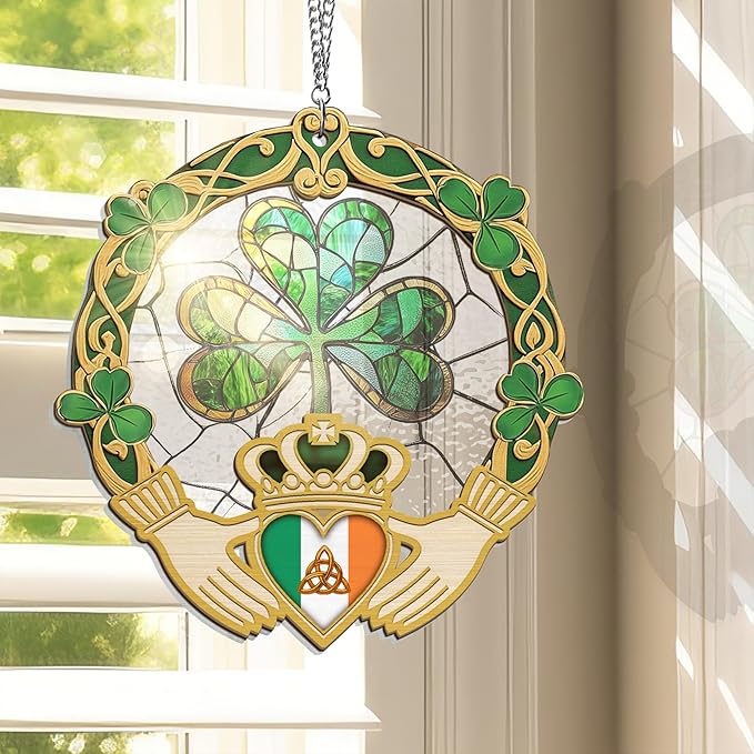 FLAGWIX St Patricks Day Decorations - Saint Patricks Day Decor Double Layered 8 inch Hanging Suncatcher - Irish Shamrock Celtic Cross Home Decoration, Gifts for Women Men, Gifts for Friends