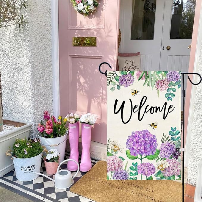 Baccessor Spring Hydrangea Garden Flag Double Sided 12x18 Inch, Summer Purple Flower Floral Welcome Small Yard Flag Burlap Seasonal Farmhouse Yard Outdoor Decoration