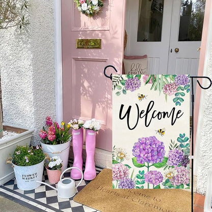 Baccessor Spring Hydrangea Garden Flag Double Sided 12x18 Inch, Summer Purple Flower Floral Welcome Small Yard Flag Burlap Seasonal Farmhouse Yard Outdoor Decoration