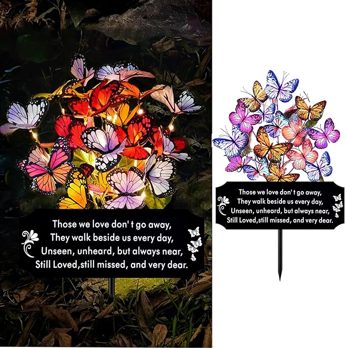 Solar Butterfly Memorial Stake for Graves - Metal Cemetery Garden Decor with LED Lights - Sympathy Remembrance Plaque to Honor Mother Father - Weatherproof Outdoor Bereavement Tribute(with Flowers)