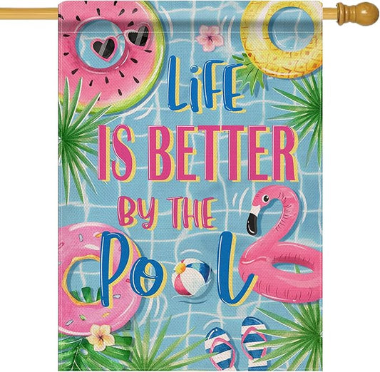 Dyrenson Summer Life is Better by The Pool 28 x 40 House Flag Double Sided, Flamingo Swim Rings Tropical Palm Leaves Garden Yard Decoration, Flip Flops Ball Outdoor Décor Decorative Large Flag