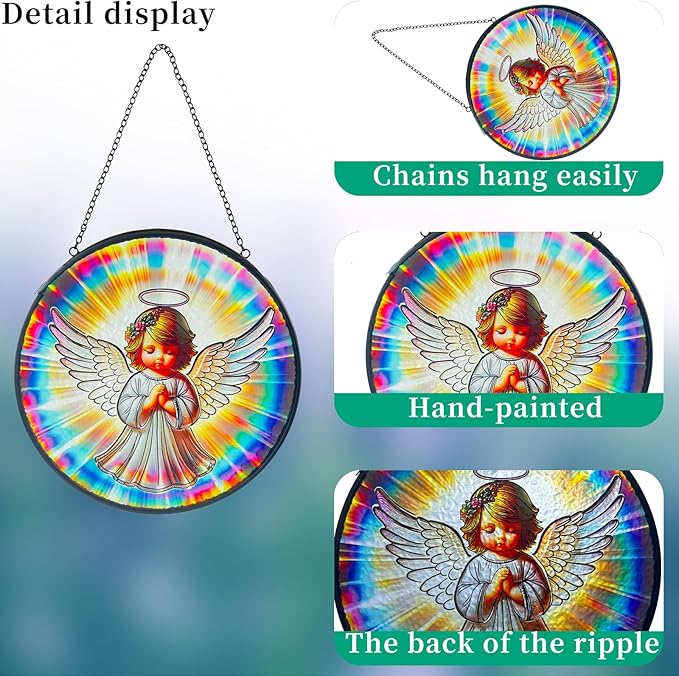 Praying Angel Decor Handmade Stained Glass Rainbow Maker Stained Glass Suncatchers W/Metal Chain - Spiritual Angelic Gift for Women Christmas Thanksgiving Housewarming Gifts