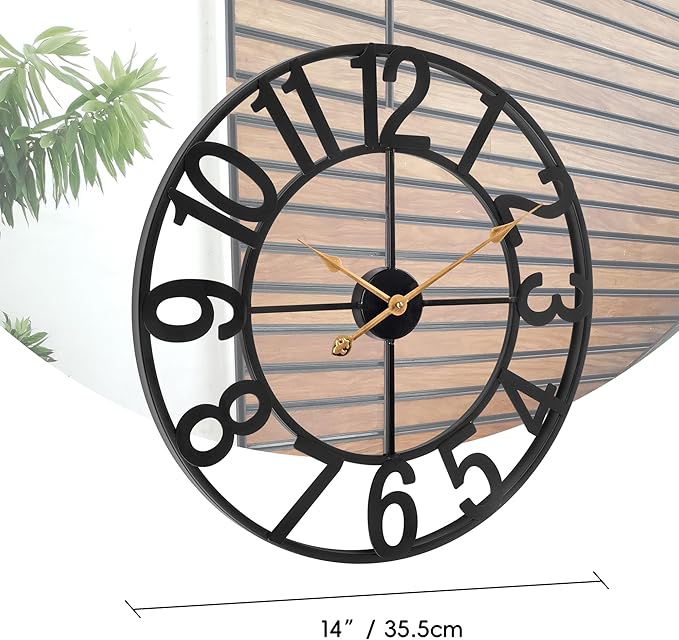 14 Inch Outdoor Clock for Patio, Large Poolside Wall Clock, Vintage European Industrial Skeleton Metal Clock, Silent Non-Ticking Battery Operated Outdoor Clock for Garden, Backyard, Porch or Fence