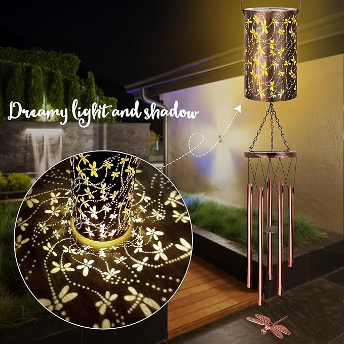 YHmall Solar Wind Chimes for Outside, Dragonfly Gifts for Women Mom Grandma Solar Lantern Windchimes Outdoors, Memorial Wind Chimes for Patio Yard Garden Christmas Decor