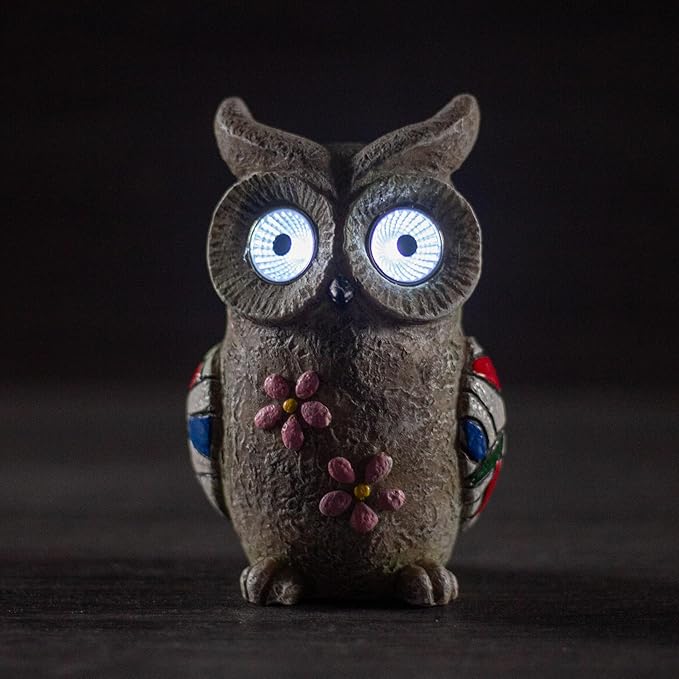 Solar Garden Owl Statue - Decorative Owl Figurine with Solar Powered Eyes, Gray Stone-Look Finish for Outdoor Decor