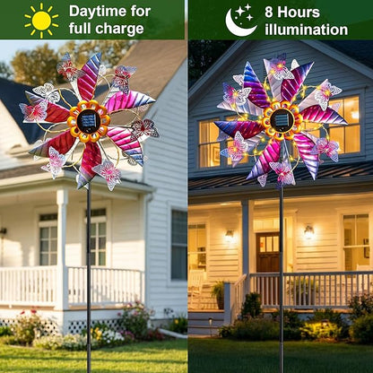Solar Wind Spinner Outdoor Metal - Large Kinetic Garden Wind Spinners with Solar LED Lights, Waterproof Butterfly Yard Art Sculptures & Spinners for Patio, Lawn, Pathway, Backyard