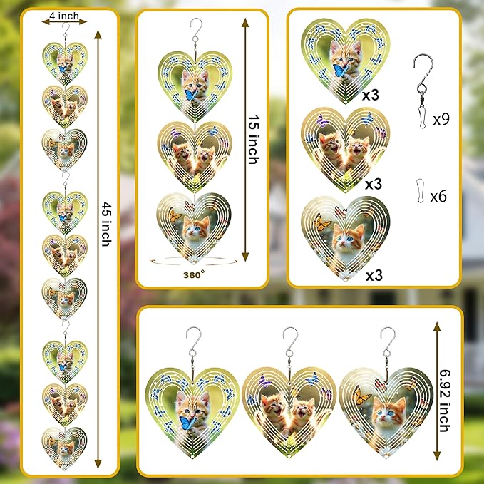 Wind Spinners Outdoor, Bird Repellent，3D Hearts Cat Pattern Hanging, 15 inches, Kinetic, Stainless-Steel Metal, Indoor and Outdoor Decoration for Garden, Patio, Yard, Gift for Women Mom Wife.