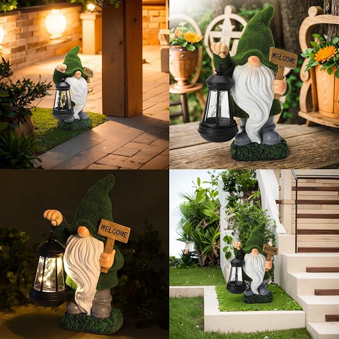 St Patrick’s Day Green Garden Gnome Statue with Solar Lantern Welcome Sign Outdoor Decor for Porch Lawn Patio Yard Holiday Decorations Housewarming Gifts for Women