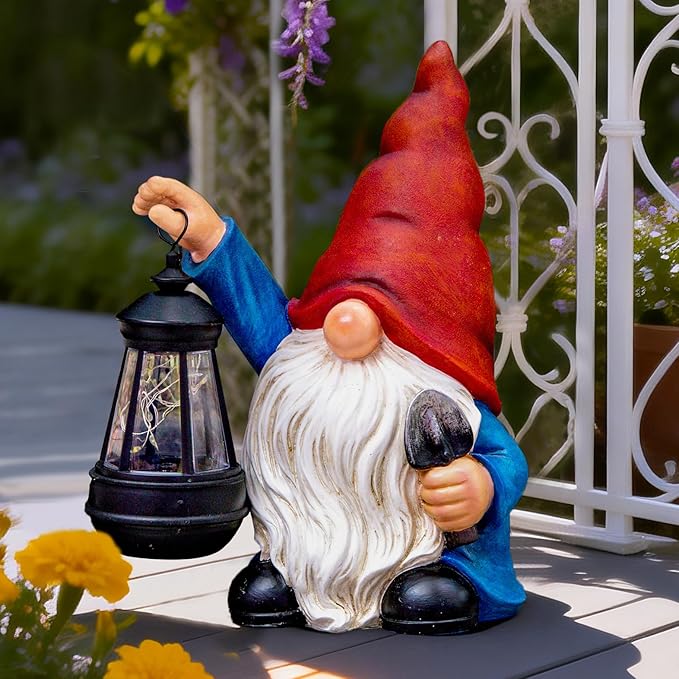 Garden Gnomes Statues Outdoor Decor with Shovel Solar Gnome with Lantern LED Lights,Terrace Xmas Courtyard Lawn Patio Porch Decoration Birthday Christmas Housewarming Gift for Mom Women