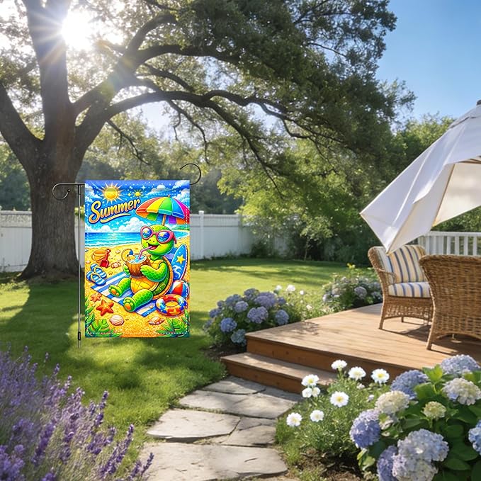 Nuxovilar Summer Garden Flag Summer Turtle Coconut Beach Pattern Polyester 12x18 Inches Garden Flags for Outside Tropical Decor Yard Porch Poolside