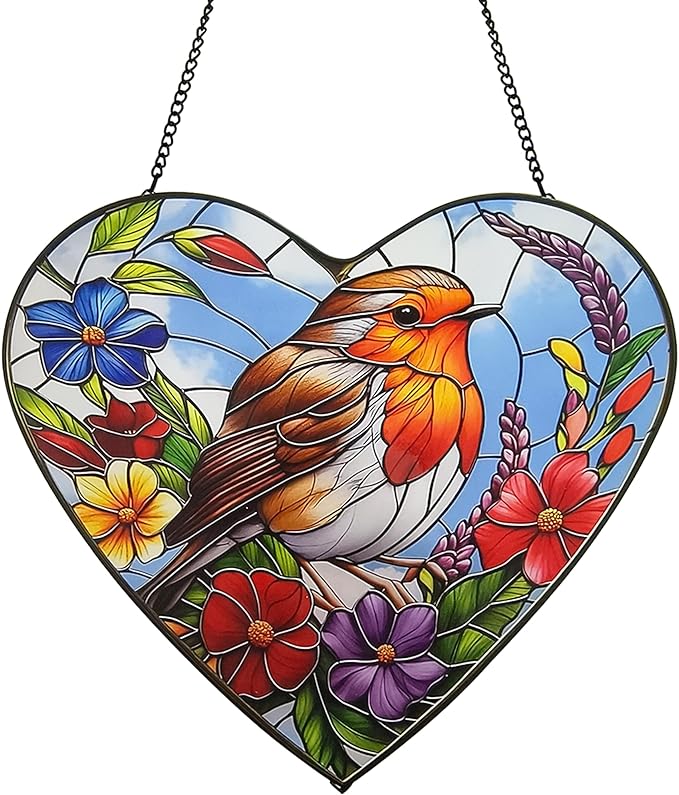 Heart-Shaped Robin Bird Stained Glass Window Hanging, 9.8'' Colorful Flower Sun Catcher Glass Panel Decor with Chain, Handcrafted Sun Catcher Gifts for Mom Wife Birds Lovers (Bird & Flower)
