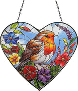 Heart-Shaped Robin Bird Stained Glass Window Hanging, 9.8'' Colorful Flower Sun Catcher Glass Panel Decor with Chain, Handcrafted Sun Catcher Gifts for Mom Wife Birds Lovers (Bird & Flower)