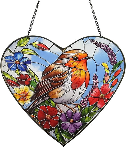 Heart-Shaped Robin Bird Stained Glass Window Hanging, 9.8'' Colorful Flower Sun Catcher Glass Panel Decor with Chain, Handcrafted Sun Catcher Gifts for Mom Wife Birds Lovers (Bird & Flower)