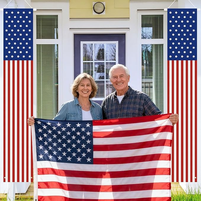 Babycop 4th of July Decorations Outdoor – Patriotic American Flag Porch Banners (2 Pcs) – Red White Blue Hanging Signs for July Fourth, Memorial Day, Veterans Day, Independence Day Yard Decor
