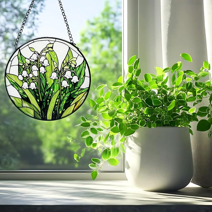 Stained Glass Window Hanging, Lily of The Valley Flower Diamond Glass Panel Suncatcher Green Plant Sun Catchers for Home Garden Balcony Window Decor, Plant Lover Gifts (9.8 Inch)