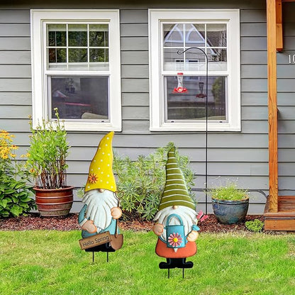 Metal Gnome Decorative Garden Stakes,23.8” Set of 2 Spring Garden Gnomes Outdoor Decor with Flower Butterfly Watering Can Ornament, Gnomes Decorations for Yard Lawn Backyard Porch Outside Decorations