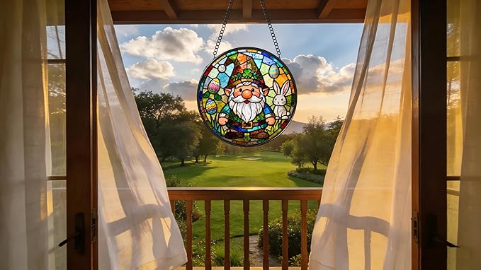 Funoasis Bunny Gnome Stained Glass Suncatcher - 6.3 Inches Easter Egg Hanging Window Ornaments Gift for Holiday Celebration Decoration