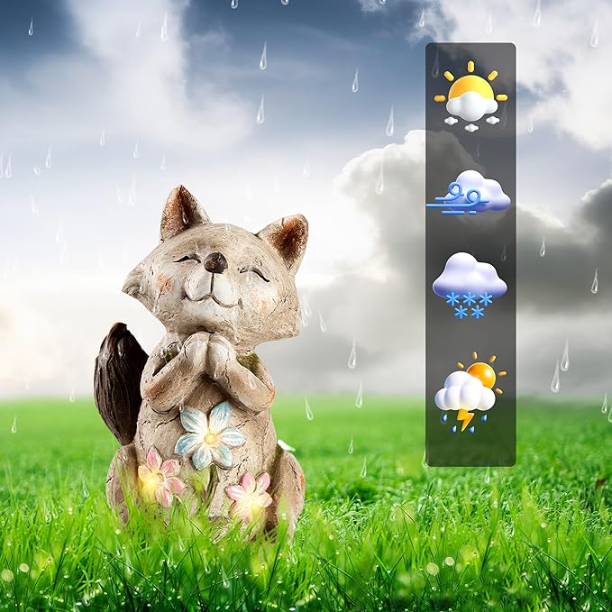 Smadeer Fox Statue for Garden Decor, Garden Statue with Solar Power Light for Outdoor Patio Porch Lawn Yard Backyard Oudside Indoor Shelf Decoration,Praying Fox Sculptures & Statues Woman
