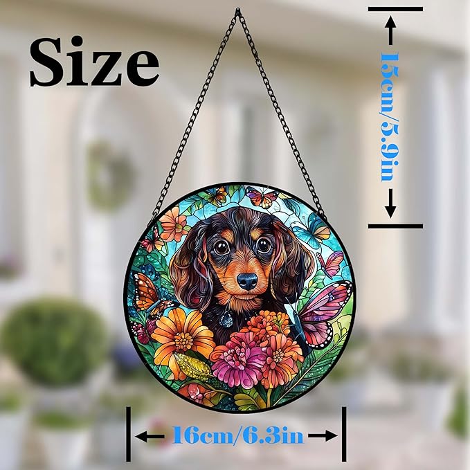 Dog Stained Glass Window Hanging Dachshund in Flowers Suncatcher Colored Glass Suncatcher for Indoor Garden Decoration Gift for Per Lover Memorial Wife Friend Family 6.3in
