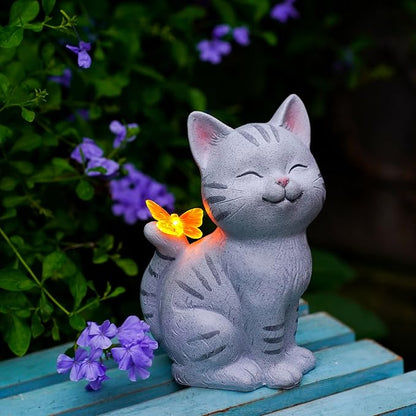 Solar Garden Statue Cat with Glowing LED Butterfly, Waterproof Resin Outdoor Decor Light, Whimsical Yard Art for Patio Balcony Porch, for Mom Women Friends