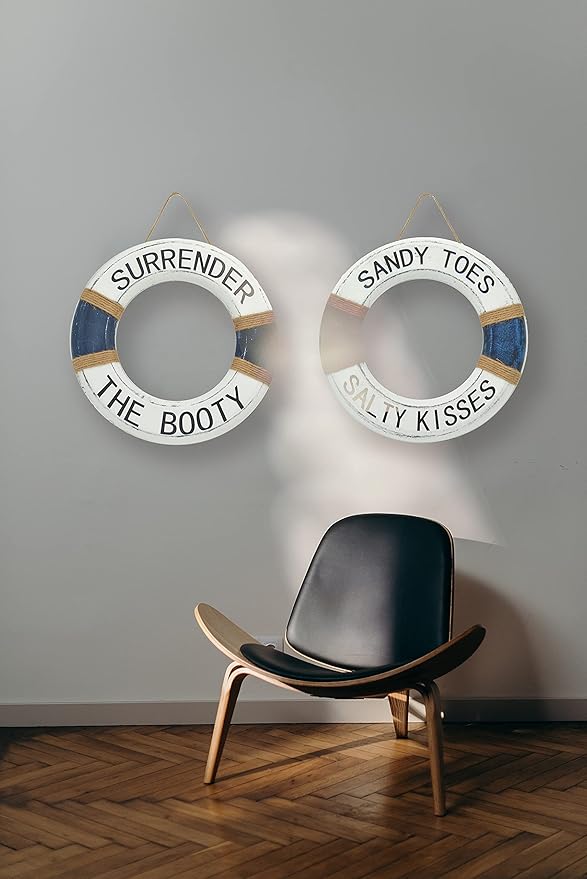 Hand Carved Lifesaver Rings Decor - Surrender the Booty and Sandy Toes, Salty Kisses Design - Nautical Beach Décor - Pool Safety Equipment - Outdoor Sign, Pool and Boat Decoration