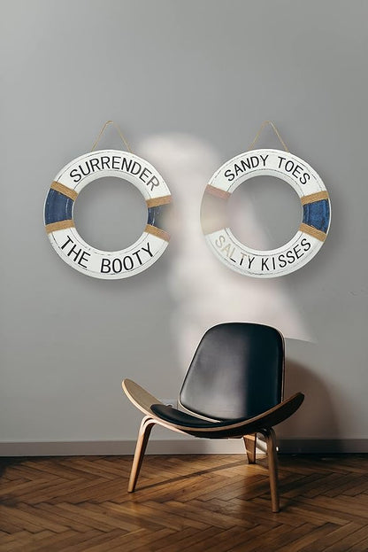Hand Carved Lifesaver Rings Decor - Surrender the Booty and Sandy Toes, Salty Kisses Design - Nautical Beach Décor - Pool Safety Equipment - Outdoor Sign, Pool and Boat Decoration