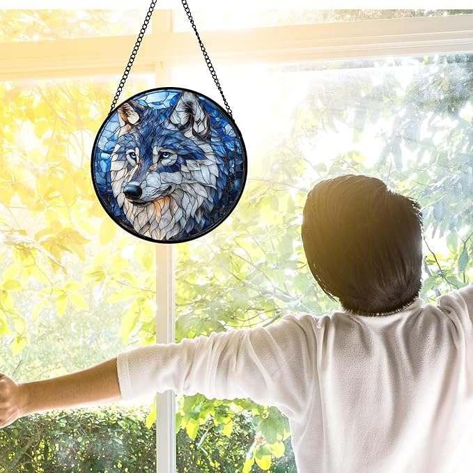 DASTOLL Stained Glass Window Hanging - Funny Wolf Suncatcher Ready to Hang Window Doors Home Decoration and Christmas, Mother's Day Birthday Gifts for Women, Men, and Mom 11.8x11.8 in