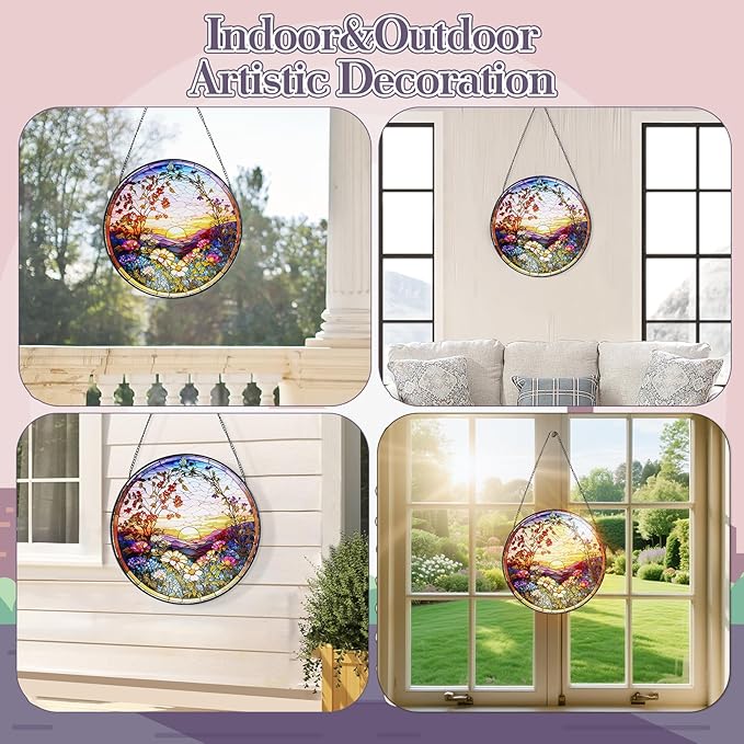 Stained Glass Window Hanging Sunset Suncatcher, Renyalora 10 Inch Round Real Glass Panel with Mountain Landscape and Wildflower Sun Catcher for Indoor Windows, Home, Garden, or Outdoor Wall Decor