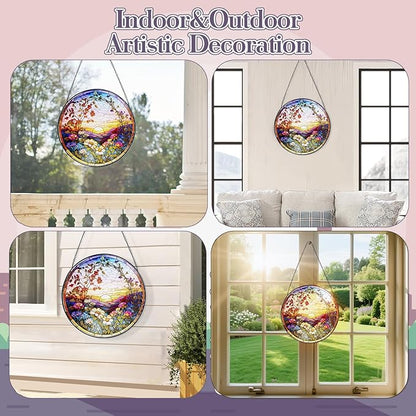 Stained Glass Window Hanging Sunset Suncatcher, Renyalora 10 Inch Round Real Glass Panel with Mountain Landscape and Wildflower Sun Catcher for Indoor Windows, Home, Garden, or Outdoor Wall Decor
