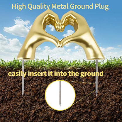 FlidRunest Cemetery Grave Heart Hands Sculpture with Metal Ground Plug, Headstone Resin Heart Gesture Hands for Graves, Grave Decorations, Memorials, and Sympathy Gifts for the Loss of Loved Ones Gold