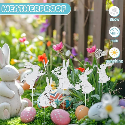 Leinuosen 5pcs Easter Bunny Garden Stakes 13 inch Metal Easter Yard Decor White Finish Outdoor Garden Stakes Bunny Silhouette Set for Lawn Planter Flower Pot Pathway Spring Decoration(White)