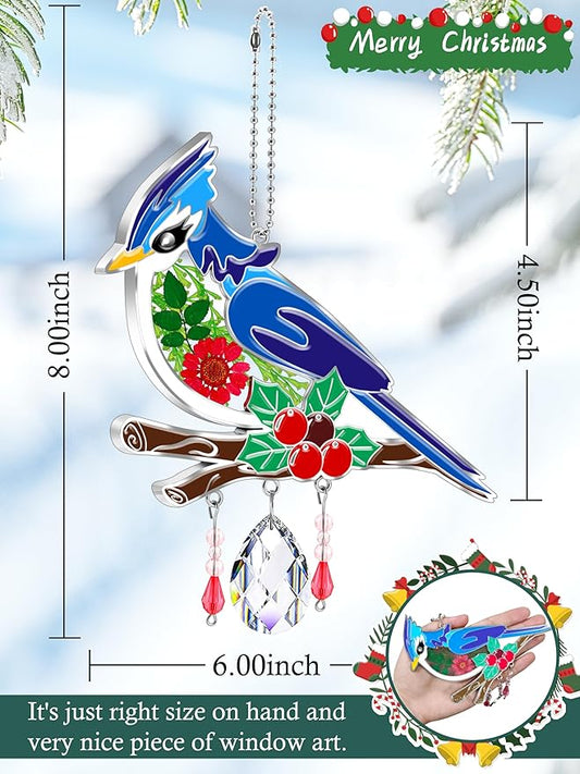KY&BOSAM Blue Bird Crystal Suncatcher for Windows 8" Hanging Ornaments Stained Glass Wind Chimes with Metal Charms, Colorful Rainbow Prisms Garden Decor for Mom/Grandma, Christmas Wedding Gifts