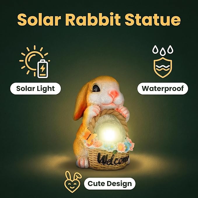 Solar Garden Welcome Statue with LED Light, Outdoor Decorative Animal Figurines, 8-10 Hour Working Time, Floral Basket Design, Lawn Yard Decor (Rabbit)