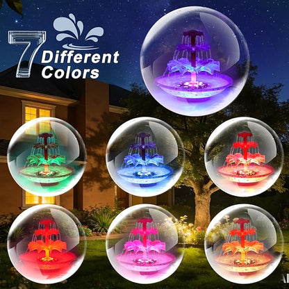 Yeomi Red 3-Tier Solar Fountain Pump with LED Lights, 24H Outdoor Water Feature, Detachable Design, Multi-Function Bird Bath Fountain for Garden Patio Yard Backyard Pond, 3.5W