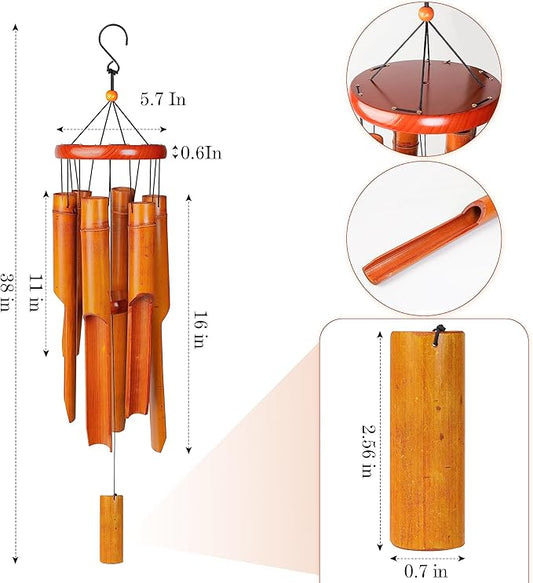 Bamboo Wind Chimes 38" 6 Tube, Handcrafted Wooden Wind Chime Bring a Unique and Soothing Melody, Create a Zen Atmosphere for Outdoor Indoor Decor, for Sympathy, Memorial