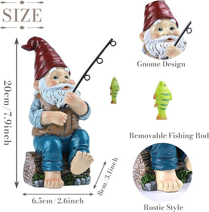 TERESA'S COLLECTIONS Resin Outdoor Statues for Garden Decor, Garden Gnome with Fishing Pole Funny Decorations for Outside, Yard Gnome Decor for Patio Lawn Ornaments, Ideal Gift for Women and Man, 8"