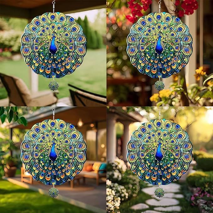 GENANY Peacock Hanging Wind Spinners for Women Men, 12 Inch Metal 3D, Stainless Steel Hanging Wind Catchers Sculpture for Outside, Spring Decoration Garden, Unique Gift