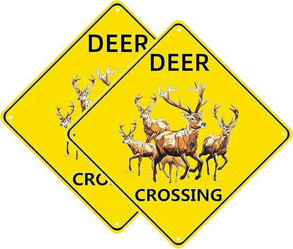 Deer Crossing Sign, 2-Pack 12"X12" Metal Wall Decor, Rustic Style, Yellow, Easy to Install, Durable