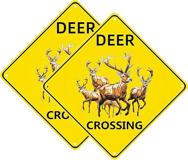 Deer Crossing Sign, 2-Pack 12"X12" Metal Wall Decor, Rustic Style, Yellow, Easy to Install, Durable