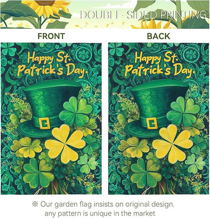Happy St. Patrick's Day Shamrock Garden Flag Double Sided 12 x 18 Inch Green Hat with Clovers Decorative Garden Yard Flags for Home Decor