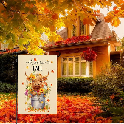 Hello Fall Garden Flag Highland Cow Polyester Yard Flag Double Sided Vertical 12x18 Inch Farmhouse Pumpkin Sunflower Floral Garden Flags Autumn Maple Leaf House Banner for Seasonal Outdoor